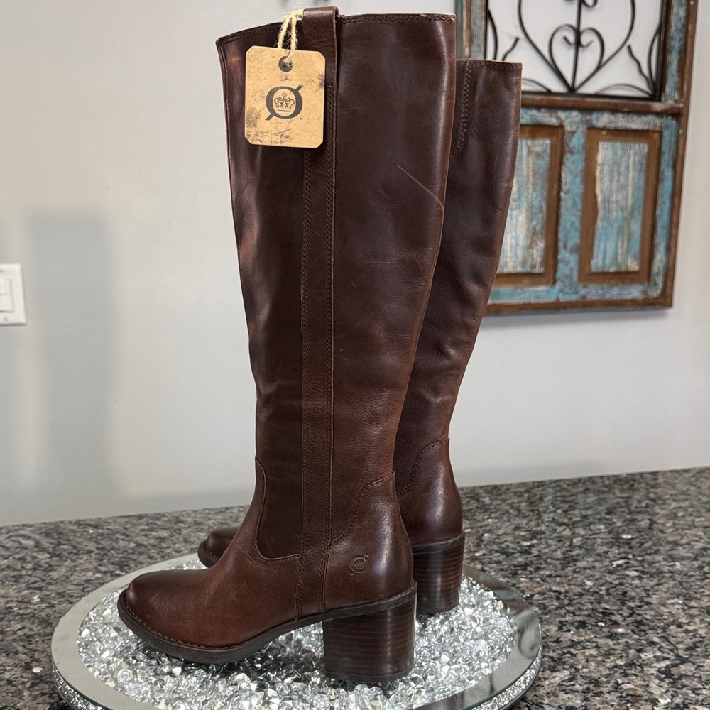 Born Rich Brown Leather block heels tall boots NEW 6.5 - Picture 5 of 16